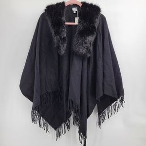 J. Crew faux shearling poncho cape shawl black nwt